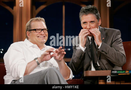 Drew Carey, left, chats with host Craig Ferguson during a segment of the 'Late Late Show with Craig  Ferguson' at CBS Television City in Los Angeles, California on September 10, 2009. Photo by Francis Specker Stock Photo