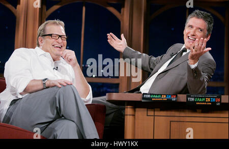 Drew Carey, left, chats with host Craig Ferguson during a segment of the 'Late Late Show with Craig  Ferguson' at CBS Television City in Los Angeles, California on September 10, 2009. Photo by Francis Specker Stock Photo