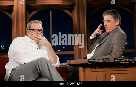 Drew Carey, left, chats with host Craig Ferguson during a segment of the 'Late Late Show with Craig  Ferguson' at CBS Television City in Los Angeles, California on September 10, 2009. Photo by Francis Specker Stock Photo