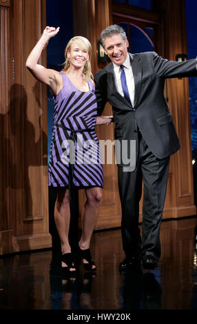 Chelsea Handler, left, with host Craig Ferguson during a segment of 'The Late Late Show with Craig Ferguson' at CBS Television City in Los Angeles, California, on July 27, 2009. Photo by Francis Specker Stock Photo