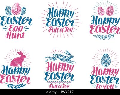 Happy Easter, label set. Handwritten lettering vector illustration Stock Vector