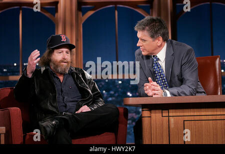 Comic Steven Wright, left, with host Craig Ferguson during a segment of 'The Late Late Show with Craig Ferguson' at CBS Television City in Los Angeles, California on February 18, 2009. Photo by Francis Specker Stock Photo