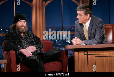 Comic Steven Wright, left, chats with host Craig Ferguson during a segment of 'The Late Late Show with Craig Ferguson' at CBS Television City in Los Angeles, California on Feb. 12, 2009. Photo by Francis Specker Stock Photo