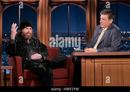 Comic Steven Wright, left, chats with host Craig Ferguson during a segment of 'The Late Late Show with Craig Ferguson' at CBS Television City in Los Angeles, California on Feb. 12, 2009. Photo by Francis Specker Stock Photo