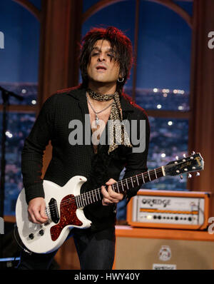 The band, 'New York Dolls' with Steve Conte on guitar, perform during a segment of 'The Late Late Show with Craig Ferguson' at CBS Television City in Los Angeles on Tuesday, Oct. 28, 2008. Photo by Francis Specker Stock Photo