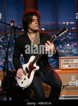 The band, 'New York Dolls' with Steve Conte on guitar, perform during a segment of 'The Late Late Show with Craig Ferguson' at CBS Television City in Los Angeles on Tuesday, Oct. 28, 2008. Photo by Francis Specker Stock Photo