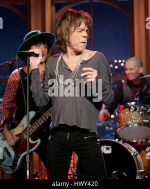 The band, 'New York Dolls' with David Johansen on lead vocals, Brian Delaney on drums, Sami Takamaki-Guy on bass, perform during a segment of 'The Late Late Show with Craig Ferguson' at CBS Television City in Los Angeles on Tuesday, Oct. 28, 2008. Photo by Francis Specker Stock Photo