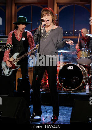 The band, 'New York Dolls' with David Johansen on lead vocals,  Brian Delaney on drums, Sami Takamaki-Guy on bass, perform during a segment of 'The Late Late Show with Craig Ferguson' at CBS Television City in Los Angeles on Tuesday, Oct. 28, 2008. Photo by Francis Specker Stock Photo