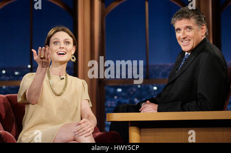 Actress Emily Deschanel, left, chats with host Craig Ferguson during a segment of 'The Late Late Show with Craig Ferguson' at CBS Television City on April 29, 2008 in Los Angeles, California. Photo by Francis Specker Stock Photo