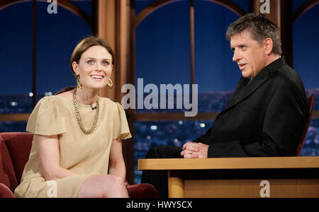 Actress Emily Deschanel, left, chats with host Craig Ferguson during a segment of 'The Late Late Show with Craig Ferguson' at CBS Television City on April 29, 2008 in Los Angeles, California. Photo by Francis Specker Stock Photo