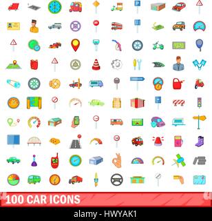 100 car icons set, cartoon style Stock Vector
