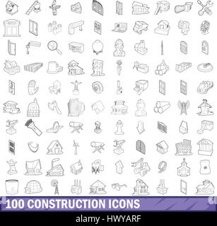 100 construction icons set, outline style Stock Vector