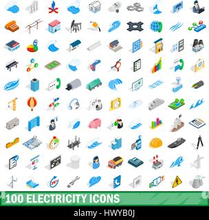 100 electricity icons set, isometric 3d style Stock Vector