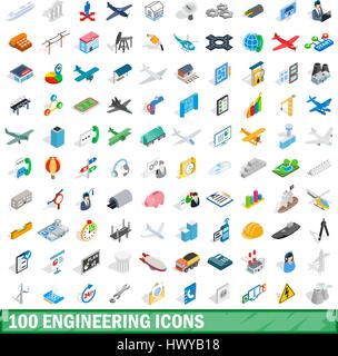 100 engineering icons set, isometric 3d style Stock Vector