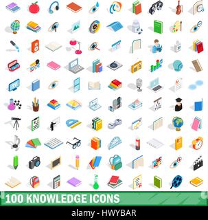 100 knowledge icons set, isometric 3d style Stock Vector