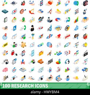 100 research icons set, isometric 3d style Stock Vector
