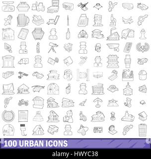 100 urban icons set, outline style Stock Vector