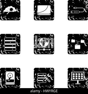 Computer data icons set, grunge style Stock Vector