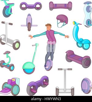 Self balancing scooter icons set, cartoon style Stock Vector