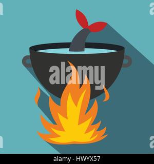 Cooking fish soup on a fire icon, flat style Stock Vector