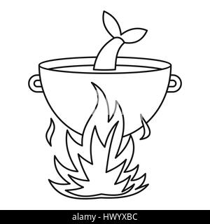 Fish soup in the cauldron icon, outline style Stock Vector