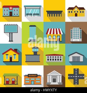 City infrastructure items icons set, flat style Stock Vector