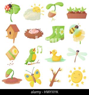 Spring things icons set, cartoon style Stock Vector