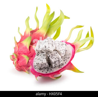 pitaya or dragon fruit with cube slices isolated on the white background. Stock Photo
