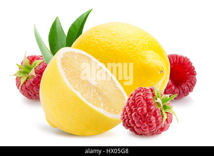 lemons and raspberries isolated on the white background. Stock Photo