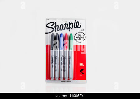 A package of fine point Sharpie permanent markers with various colors. Cutout. USA. Stock Photo