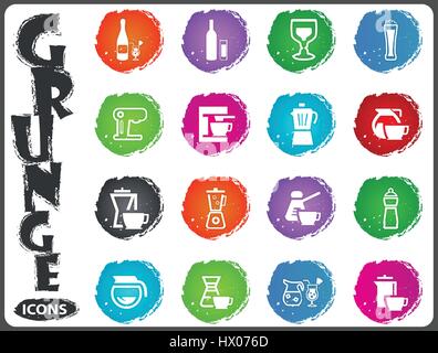 Utensils for the preparation of beverages icon set for web sites and user interface in grunge style Stock Vector