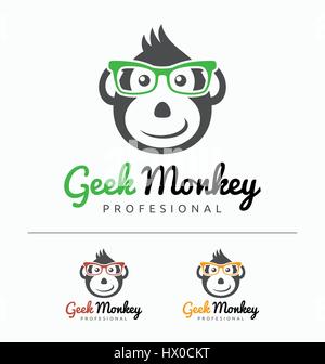 Geek Monkey Logo Template. Monkey with glasses mascot cartoon sign. Vector Illustration Stock Vector