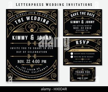 Art Deco Letterpress Wedding Invitation Design Template. Include RSVP card, Save the date card, thank you tags. Classic Vintage Style Frame Stock Vector
