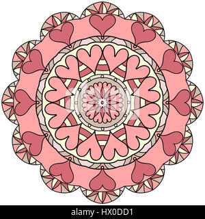 Mandala illustration in shades of pink. Colored line drawing Stock Photo