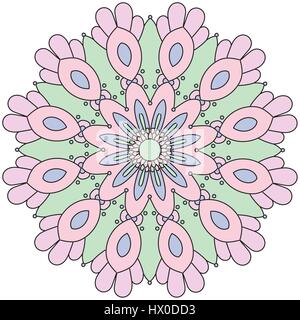 Mandala illustration in pastel colors. Blue, green, and purple, colored line drawing Stock Photo