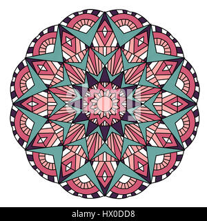 Mandala illustration in pink, blue, and dark  purple colors. Stock Photo