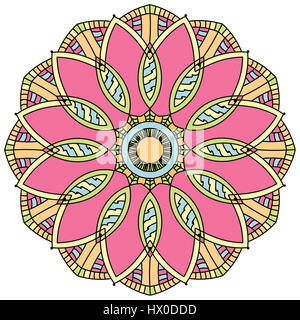 Pink, yellow, orange, and blue mandala illustration, colored line drawing Stock Photo