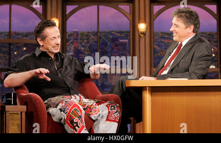 Host Craig Ferguson, right, with author Clive Barker during a segment of 'The Late Late Show with Craig Ferguson' at CBS Television City on October 29, 2007, in Los Angeles, California. Photo credit: Francis Specker Stock Photo