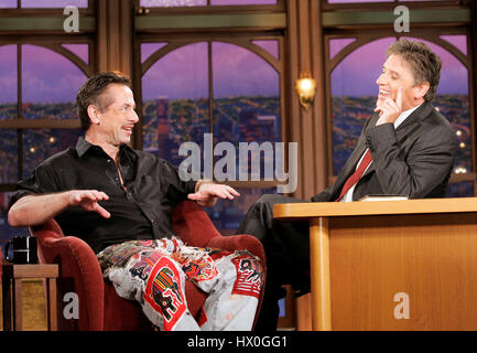 Host Craig Ferguson, right, with author Clive Barker during a segment of 'The Late Late Show with Craig Ferguson' at CBS Television City on October 29, 2007, in Los Angeles, California. Photo credit: Francis Specker Stock Photo