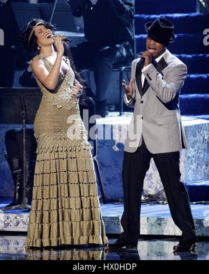 Rihanna, right, and Ne-Yo perform at the 2007 American Music Awards at the Nokia Theatre in Los Angeles on Sunday, Nov. 18, 2007. Photo credit: Francis Specker Stock Photo