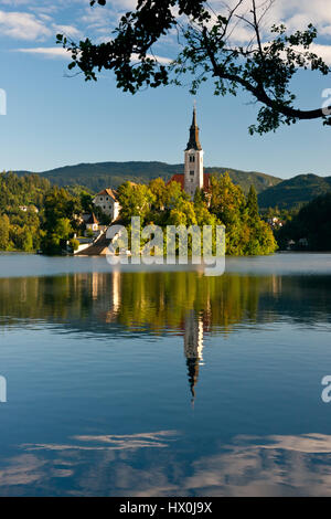 The island with the Assumption of Mary Church situated on the Lake Bled  in the Julian Alps. One of the icon of Slovenia. Stock Photo