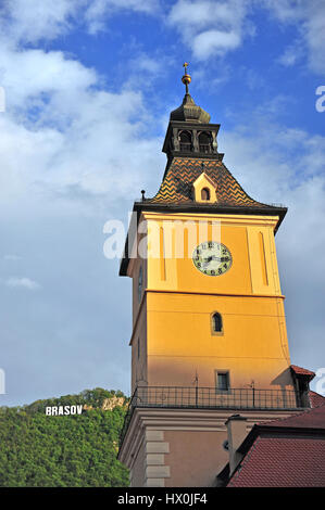 Tower of townhall and Brasov sign, Romania Stock Photo