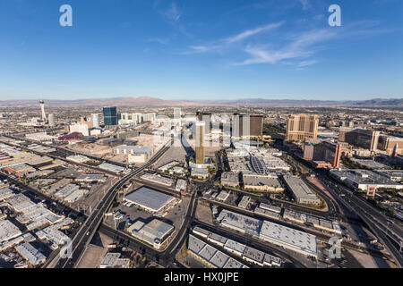 Las Vegas, Nevada, USA - March 13, 2017:  Aerial view of casino resort towers on the Las Vegas strip. Stock Photo