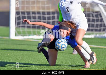 Defender forced to the pitch while attempting to control the ball in front of the goal and an opponent. USA. Stock Photo
