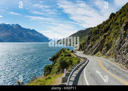 Road on Lake Wakatipu, Devils Staircase, Otago, Southland, New Zealand Stock Photo