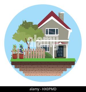 house with fence tree garden Stock Vector