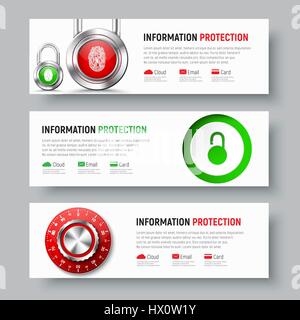 Design of white banners to protect data and information. Horizontal templates with padlock with a fingerprint and a mechanical combination lock and a  Stock Vector