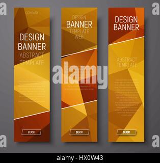 set of vertical web banners with abstract gold  polygonal background and transparent diagonal elements. Vector illustration. Stock Vector