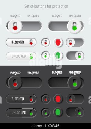 set of sliders and switches with a red and green padlock. Templates for the white and black interface of the site or application, the buttons for lock Stock Vector