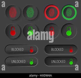 design of round buttons and rectangular rounded corners. Template for the dark interface of the site or applications with padlocks for locking and unl Stock Vector